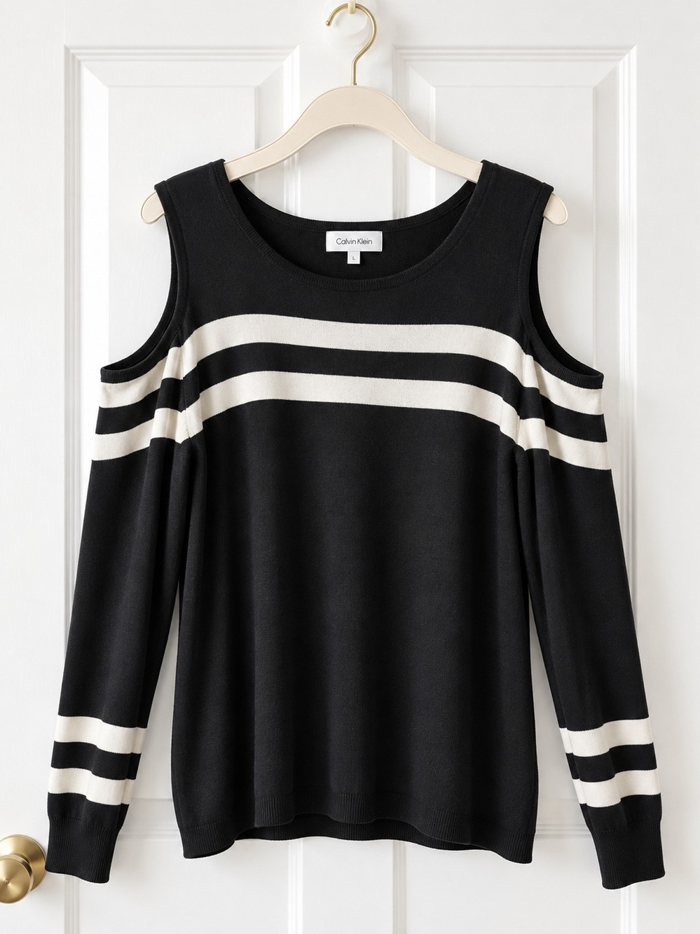 Calvin Klein Black and Cream Cold-Shoulder Stripe Top - XL